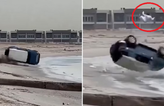 Çmenduria nuk ka kufij! Shikoni se si fluturon nga vetura ky aventurier/ VIDEO